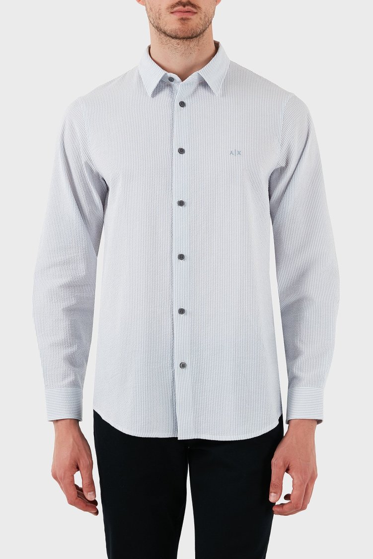 Armani Exchange % 100 Pamuk Regular Fit Uzun Kollu Erkek Gömlek XM000429 AF13141 MB004 MAVİ-BEYAZ - Armani Exchange