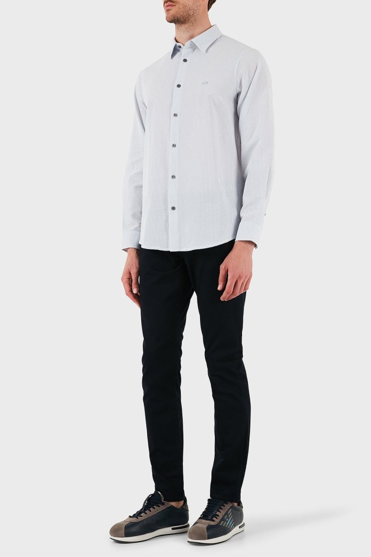 Armani Exchange % 100 Pamuk Regular Fit Uzun Kollu Erkek Gömlek XM000429 AF13141 MB004 MAVİ-BEYAZ - Armani Exchange (1)