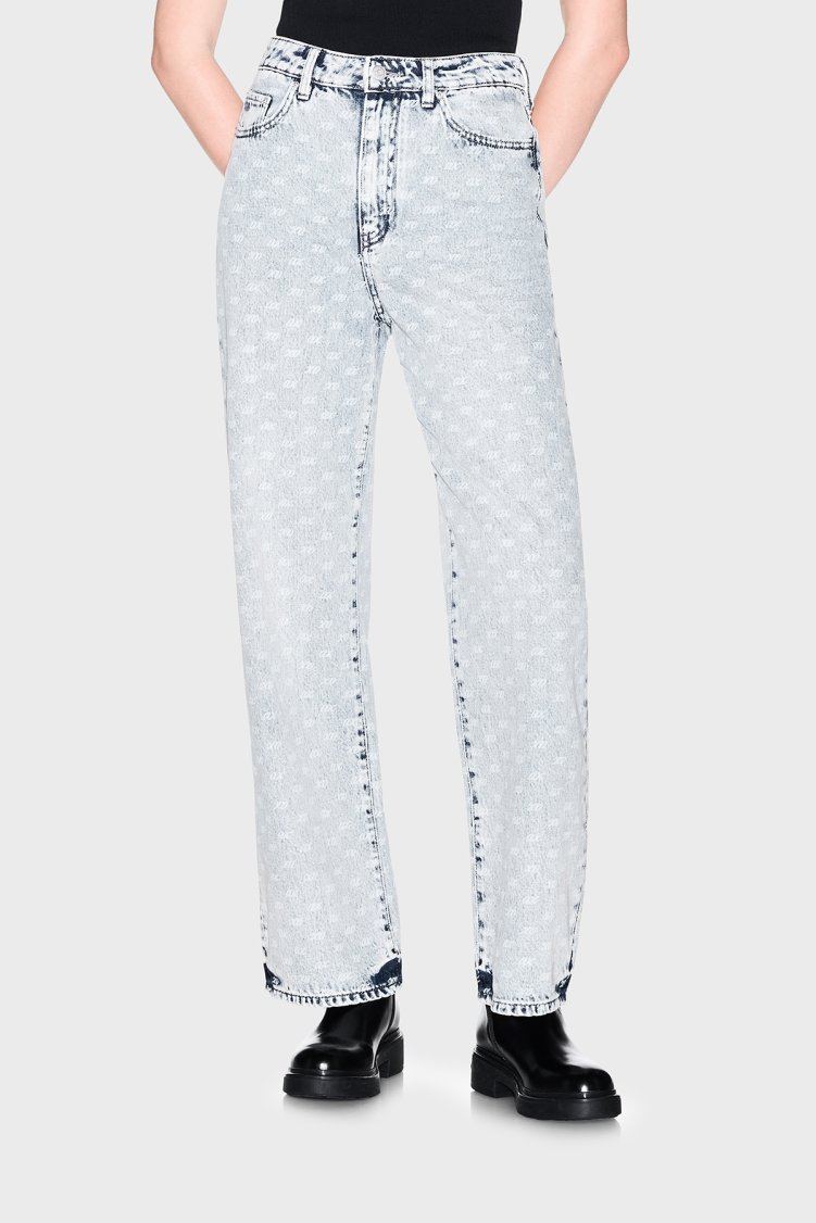 Armani Exchange Bol Kesimli Tamamı Baskılı Yüksek Bel Jeans Kadın Kot Pantolon XW000100 AF25777 FB010 Açık mavi - Armani Exchange