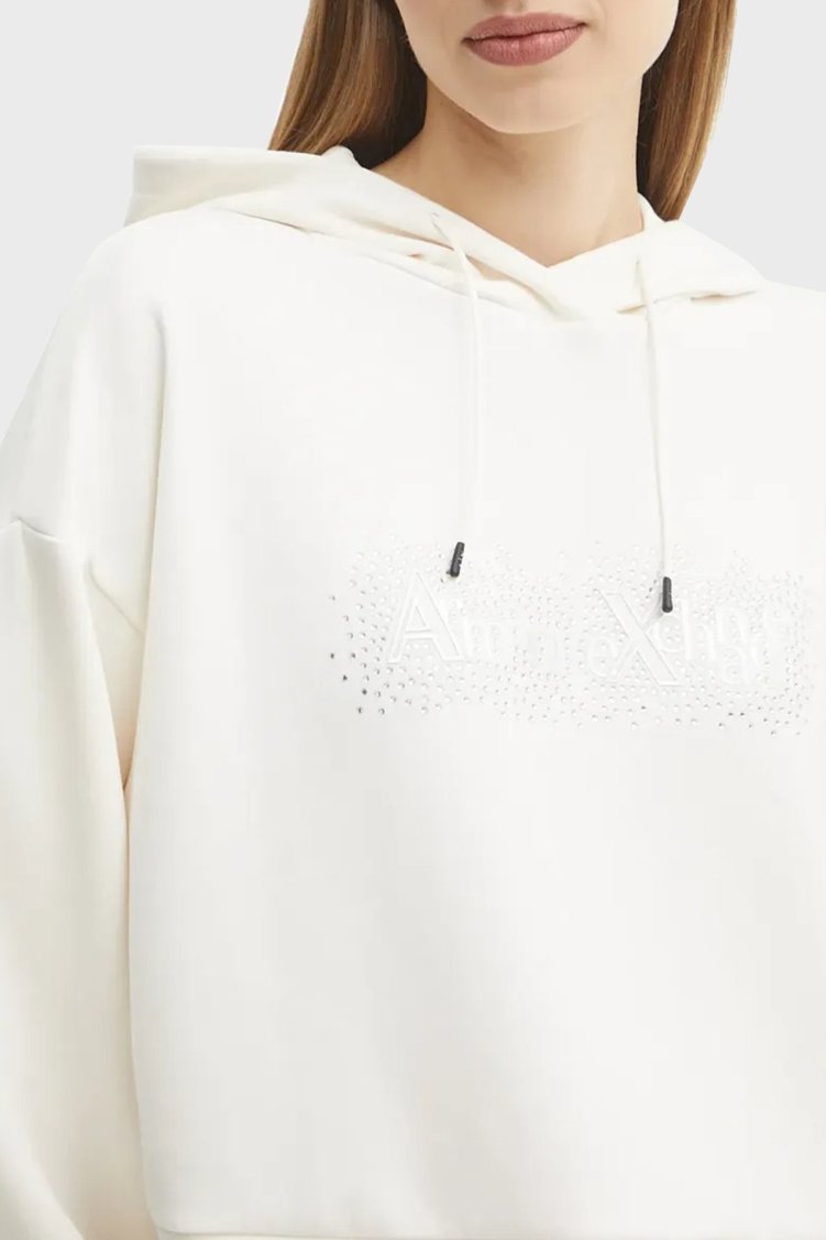 Armani Exchange Comfort Fit Kapüşonlu Taşlı Logolu Bayan Sweat XW000094 AF10804 U1003 EKRU - Armani Exchange (1)
