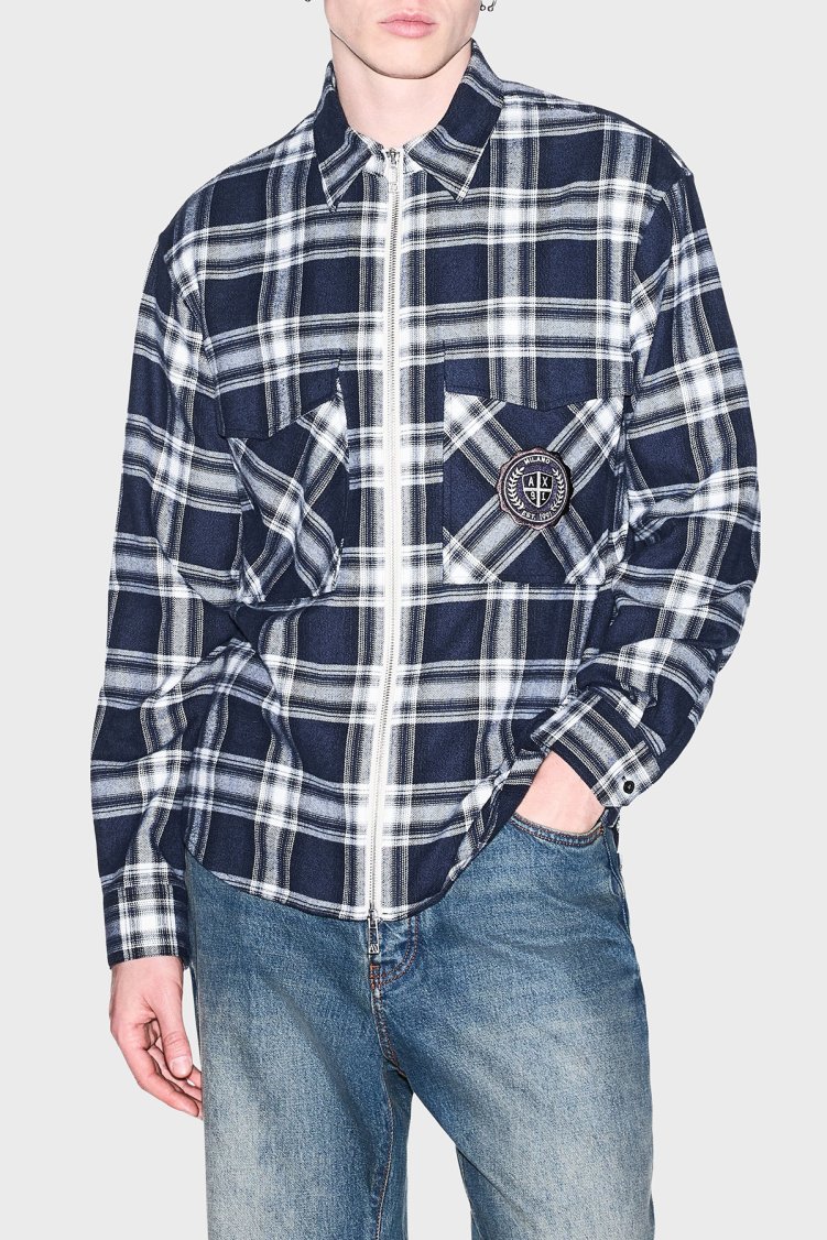 Armani Exchange Ekoseli Oversize Fit Uzun Kollu Erkek Gömlek XM003255 AF27138 FB529 Lacivert - Armani Exchange
