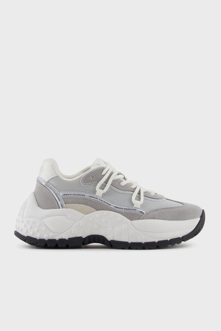 Armani Exchange Hakiki Deri Karışımlı Süet Detaylı Kalın Taban Sneaker Bayan Ayakkabı XW001627 AF17447 MZ293 GRİ-BEYAZ - Armani Exchange