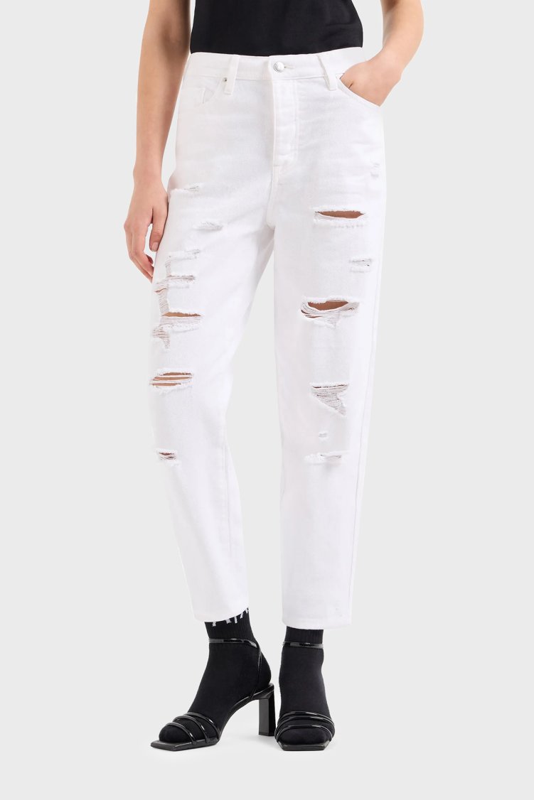 Armani Exchange J51 Yırtık Detaylı Tapered Fit Jeans Kadın Kot Pantolon 3DYJ51 Y1HRZ 1100 BEYAZ - Armani Exchange