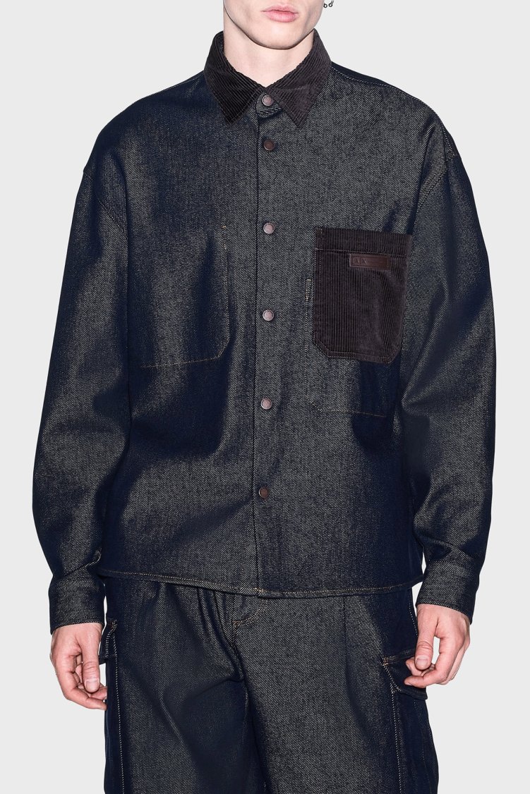Armani Exchange Kadife Detaylı Pamuklu Oversize Kot Erkek Gömlek XM003402 AF27235 MB001 Mavi - Armani Exchange