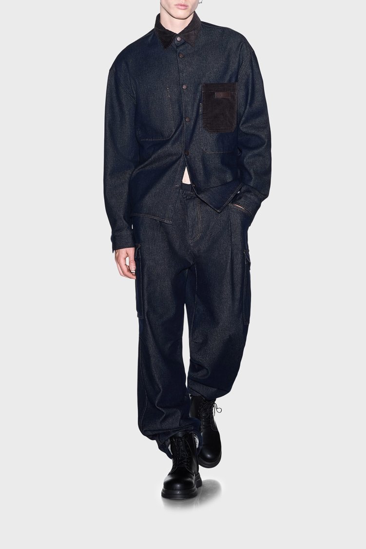 Armani Exchange Kadife Detaylı Pamuklu Oversize Kot Erkek Gömlek XM003402 AF27235 MB001 Mavi - Armani Exchange (1)