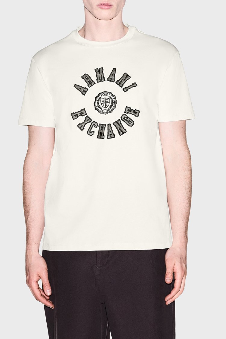 Armani Exchange Logolu % 100 Pamuk Bisiklet Yaka Erkek T Shirt XM003074 AF10362 U0007 Kırık beyaz - Armani Exchange
