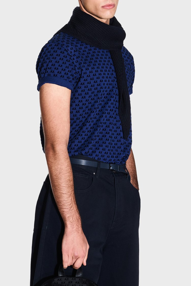 Armani Exchange Logolu % 100 Pamuk Bisiklet Yaka Erkek T Shirt XM003079 AF10356 MB036 Mavi-siyah - Armani Exchange