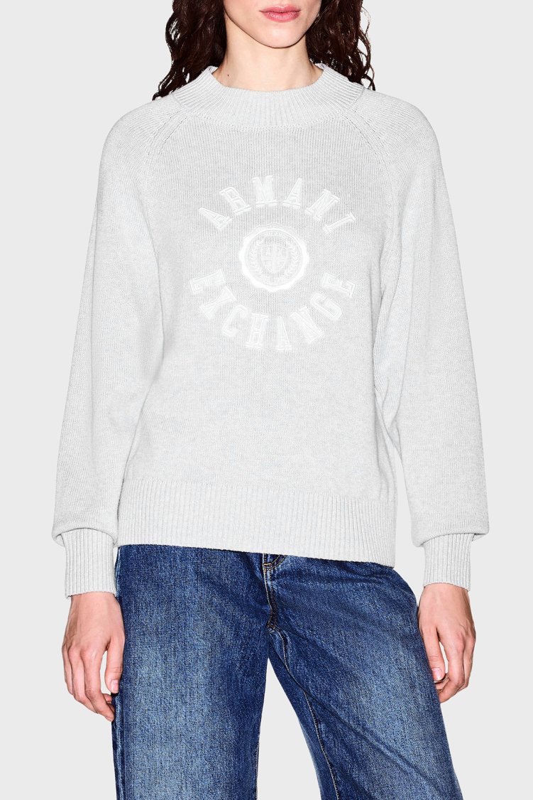 Armani Exchange Logolu % 100 Pamuk Regular Fit Bisiklet Yaka Kadın Kazak XW002877 AF16552 O8019 Gri melanj - Armani Exchange