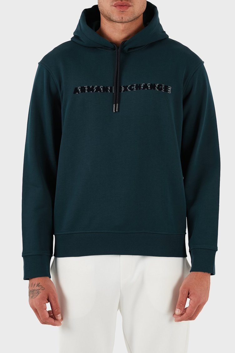 Armani Exchange Logolu % 100 Pamuk Regular Fit Kapüşonlu Erkek Sweat XM001380 AF10830 UB022 PETROL - Armani Exchange