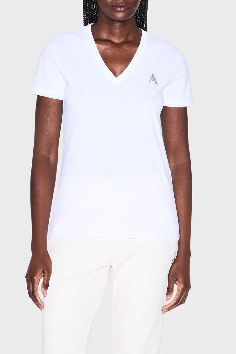 Armani Exchange Logolu % 100 Pamuk Regular Fit V Yaka Bayan T Shirt XW002330 AF10356 U0002 BEYAZ - Armani Exchange