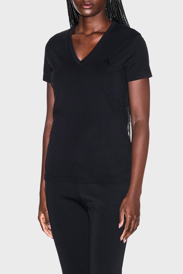 Armani Exchange Logolu % 100 Pamuk Regular Fit V Yaka Bayan T Shirt XW002330 AF10356 UC001 SİYAH - Armani Exchange
