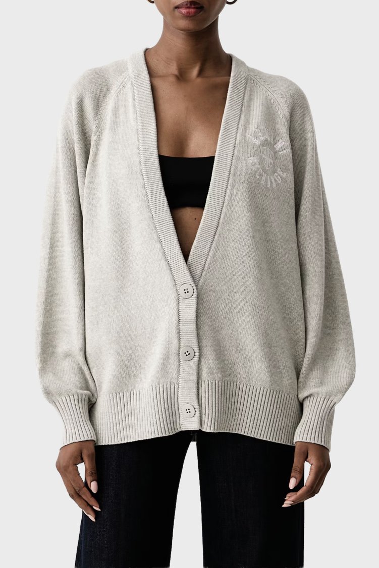 Armani Exchange Logolu % 100 Pamuk V Yaka Düğmeli Kadın Hırka XW002878 AF16552 O8019 Gri melanj - Armani Exchange
