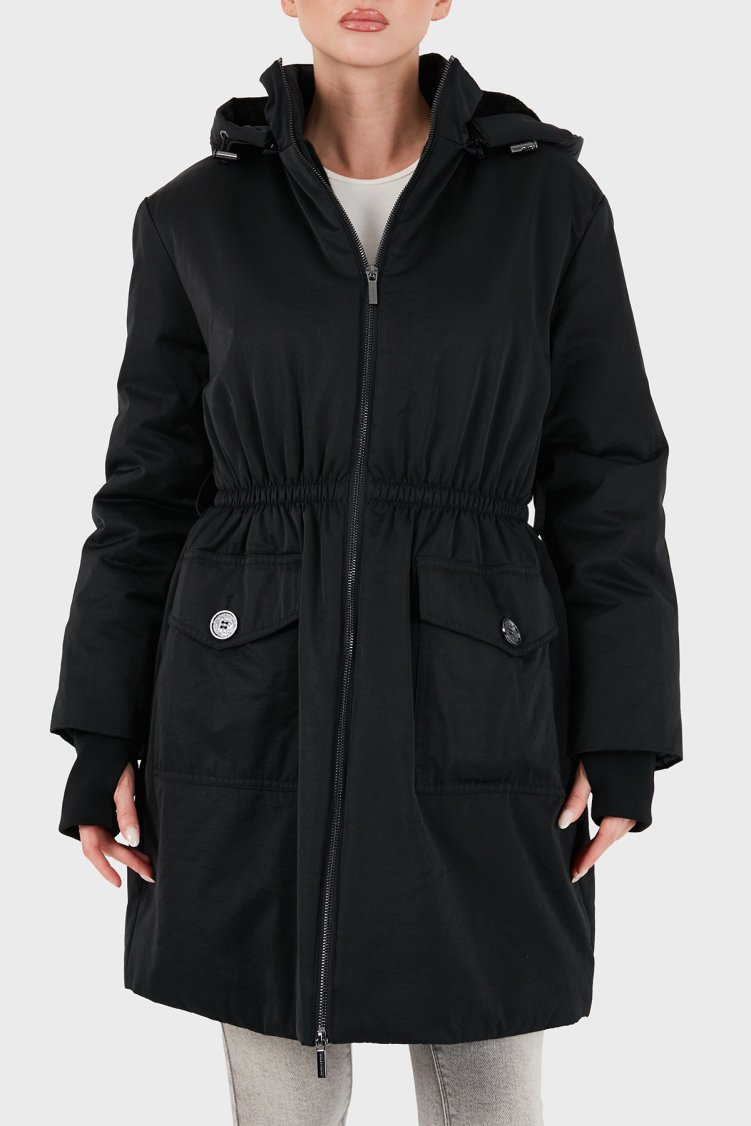 Armani Exchange Logolu Çıkarılabilir Kapüşonlu Yaka Diz Üstü Astarlı Kadın Ceket XW002998 AF25761 UC001 Siyah - Armani Exchange