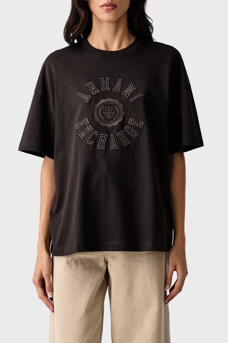 Armani Exchange Logolu Pamuklu Oversize Bisiklet Yaka Kadın T Shirt XW002959 AF15085 U6032 Kahve - Armani Exchange