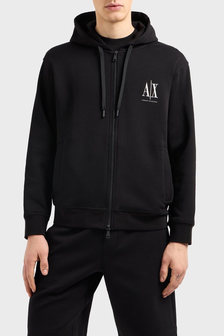 Armani Exchange Logolu Pamuklu Regular Fit Kapüşonlu Erkek Sweat XM000371 AF10818 UC001 SİYAH - Armani Exchange