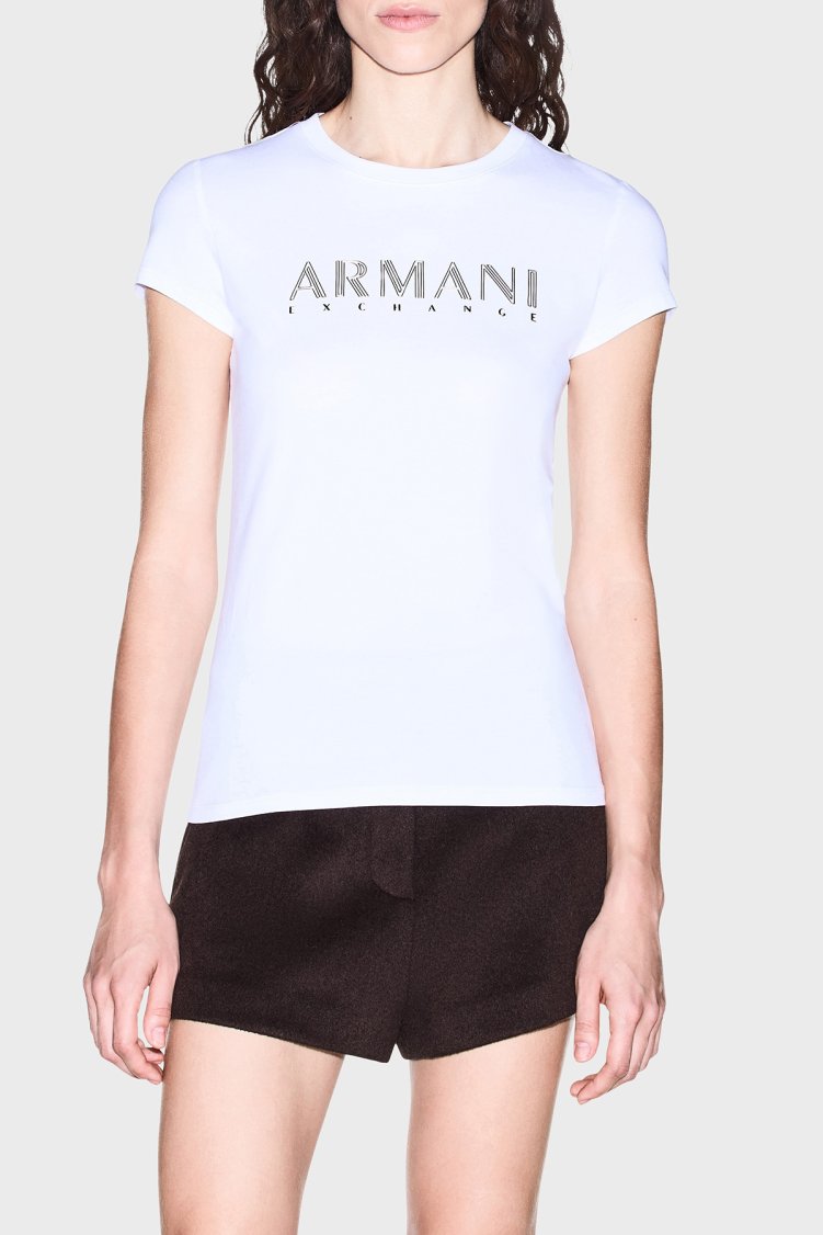 Armani Exchange Logolu Pamuklu Slim Fit Bisiklet Yaka Kadın T Shirt XW002547 AF23955 U0002 Beyaz - Armani Exchange