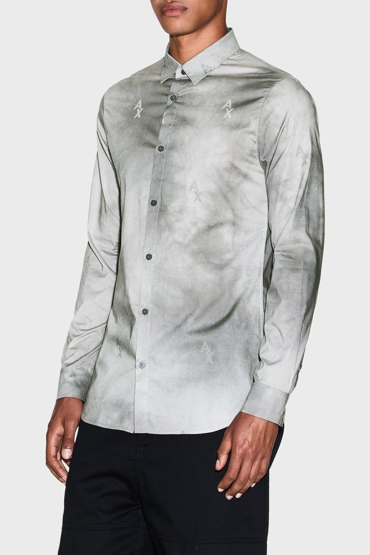 Armani Exchange Logolu Streç Pamuklu Slim Fit Klasik Yaka Erkek Gömlek XM001956 AF13184 F8042 GRİ - Armani Exchange