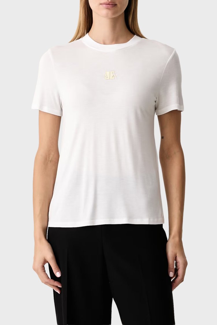Armani Exchange Metalik Logolu Jarse Kumaş Bisiklet Yaka Kadın T Shirt XW002773 AF26303 U0002 Beyaz - Armani Exchange