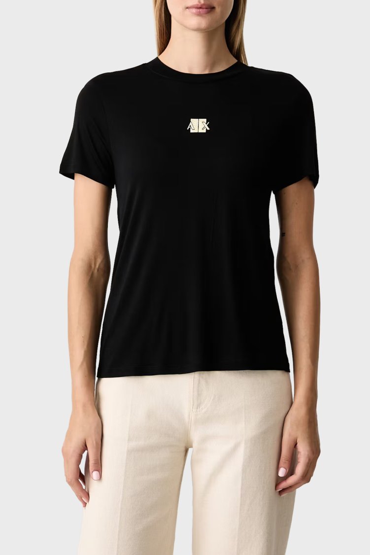 Armani Exchange Metalik Logolu Jarse Kumaş Bisiklet Yaka Kadın T Shirt XW002773 AF26303 UC001 Siyah - Armani Exchange