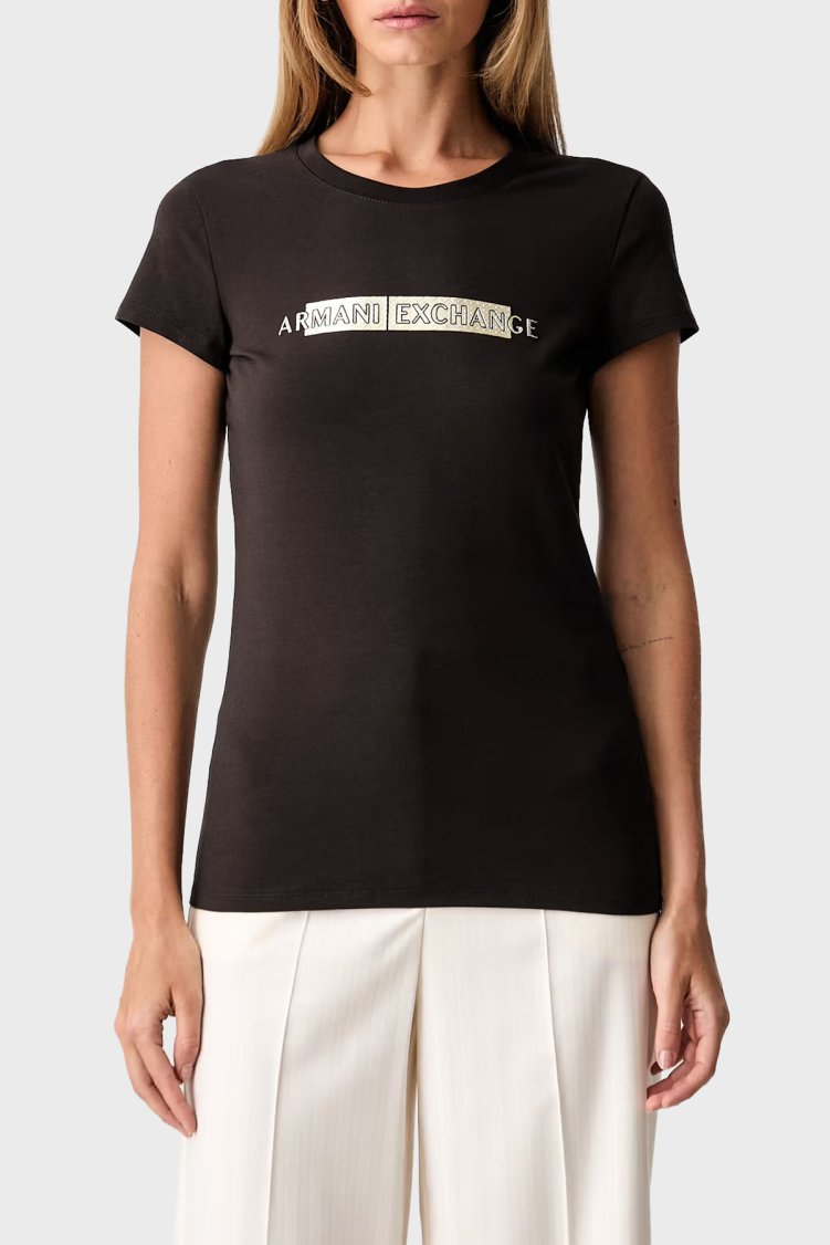 Armani Exchange Pamuk Karışımlı Logolu Bisiklet Yaka Kadın T Shirt XW002811 AF16294 U6032 Kahve - Armani Exchange