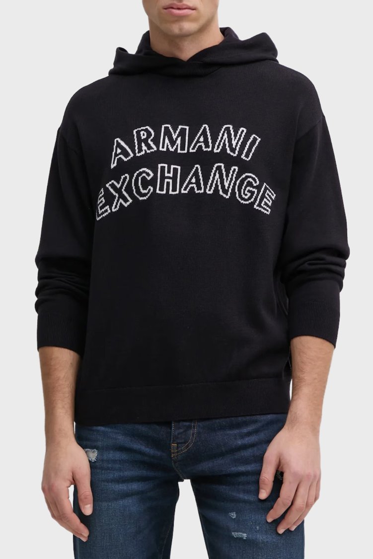 Armani Exchange Pamuk ve Yün Karışımlı Regular Fit Logolu Kapüşonlu Erkek Kazak 6DZM2Y ZM4NZ 1510 LACİVERT - Armani Exchange