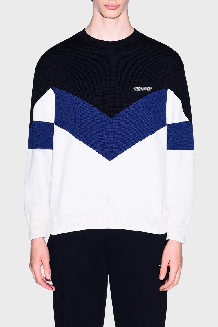 Armani Exchange Pamuklu Bisiklet Yaka Renk Bloklu Erkek Kazak XM003561 AF18754 M0413 Beyaz-lacivert - Armani Exchange