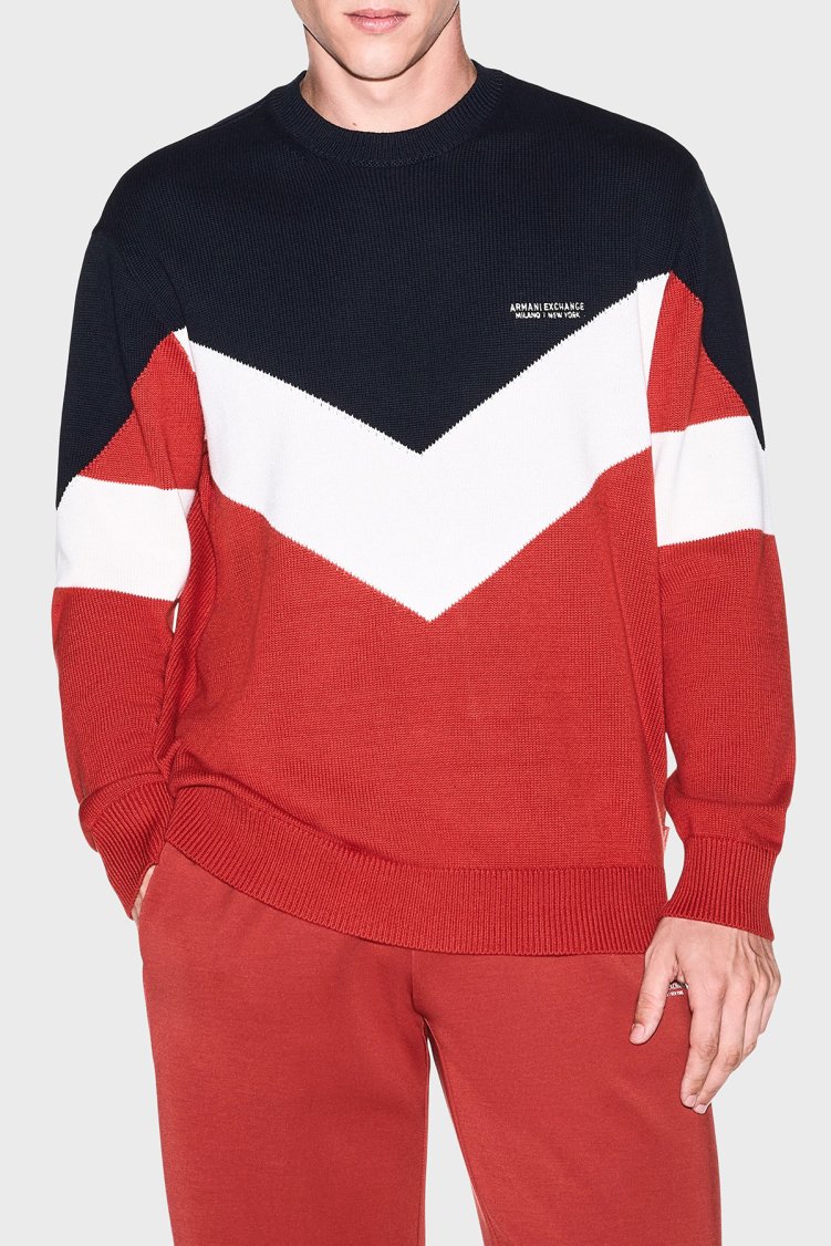 Armani Exchange Pamuklu Bisiklet Yaka Renk Bloklu Erkek Kazak XM003561 AF18754 MB788 Lacivert-beyaz - Armani Exchange