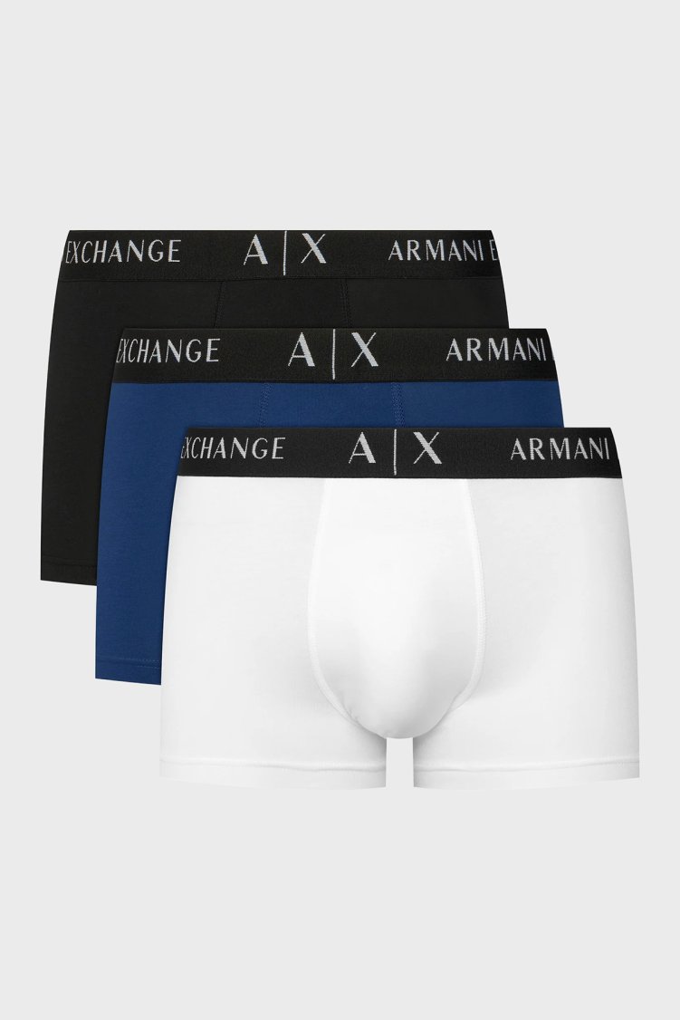 Armani Exchange Pamuklu Logolu Bel Bandı 3 Pack Erkek Boxer XM000871 AF13682 MB581 Siyah-Saks-Beyaz - Armani Exchange