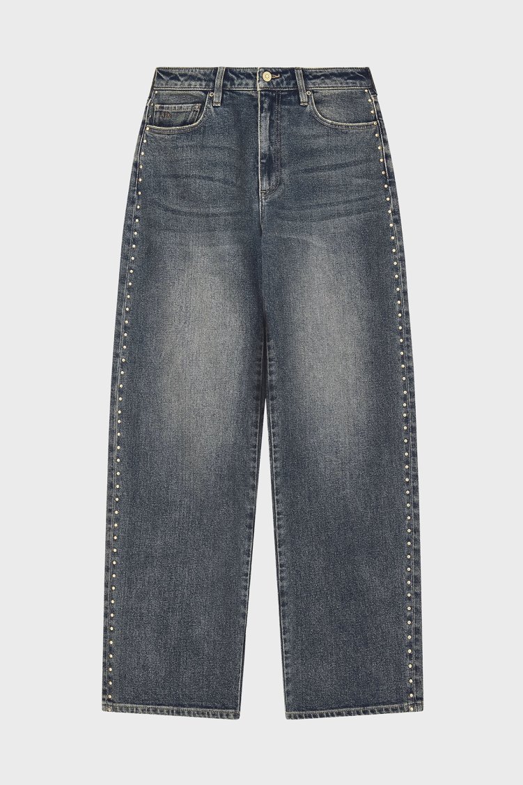 Armani Exchange Pamuklu Oversize Fit Zımba Detaylı Geniş Paça Jeans Kadın Kot Pantolon XW000100 AF25765 MB001 Mavi - Armani Exchange