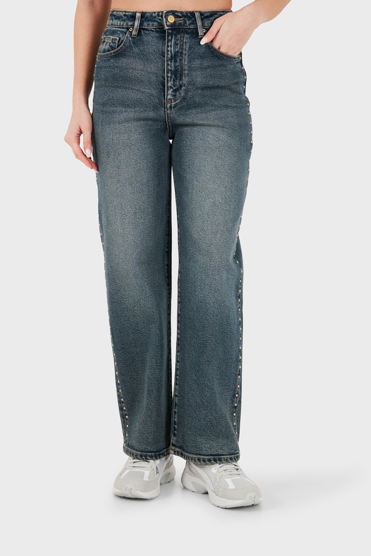 Armani Exchange Pamuklu Oversize Fit Zımba Detaylı Geniş Paça Jeans Kadın Kot Pantolon XW000100 AF25765 MB001 Mavi - Armani Exchange