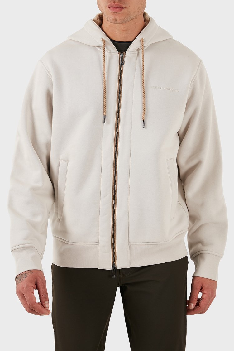 Armani Exchange Pamuklu Regular Fit Kapüşonlu Fermuarlı Erkek Sweat XM001026 AF16279 U1013 EKRU - Armani Exchange