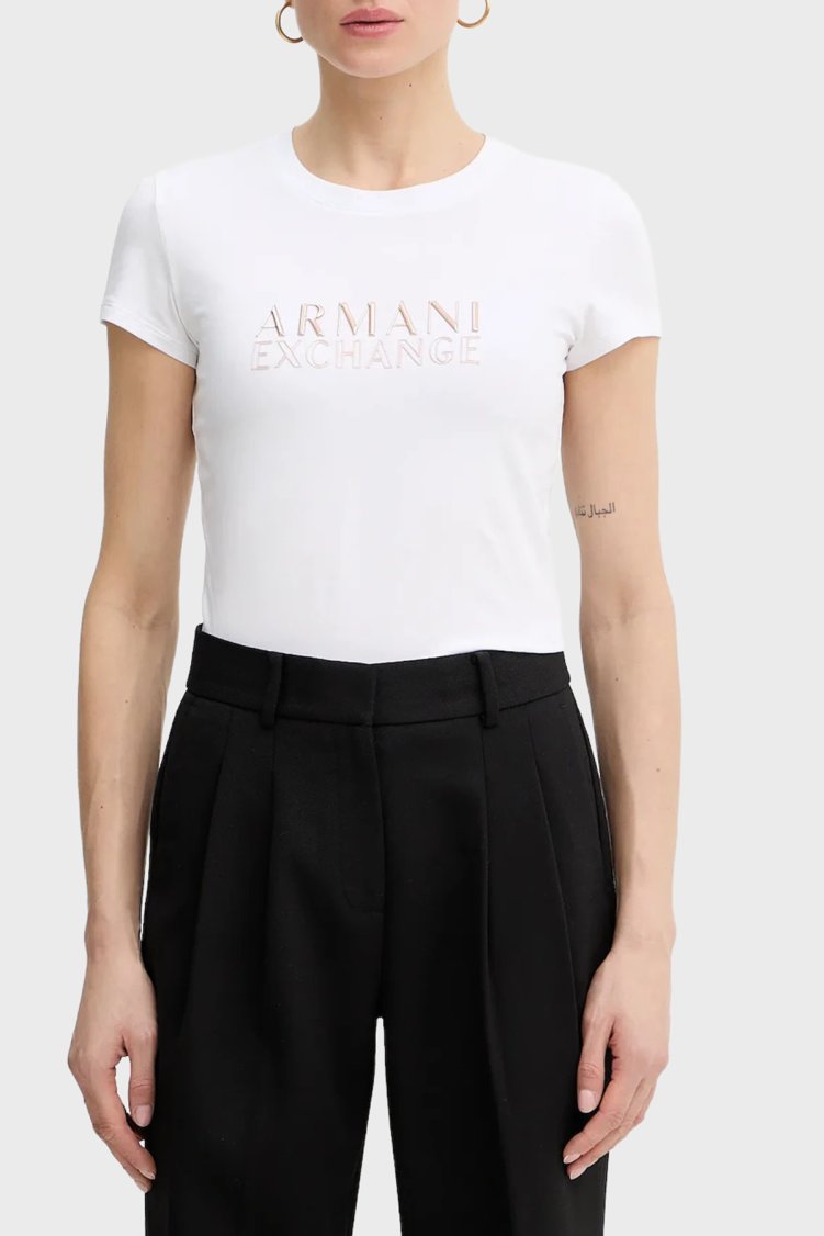 Armani Exchange Pamuklu Regular Fit Logolu Bisiklet Yaka Bayan T Shirt XW001837 AF16294 U0002 BEYAZ - Armani Exchange