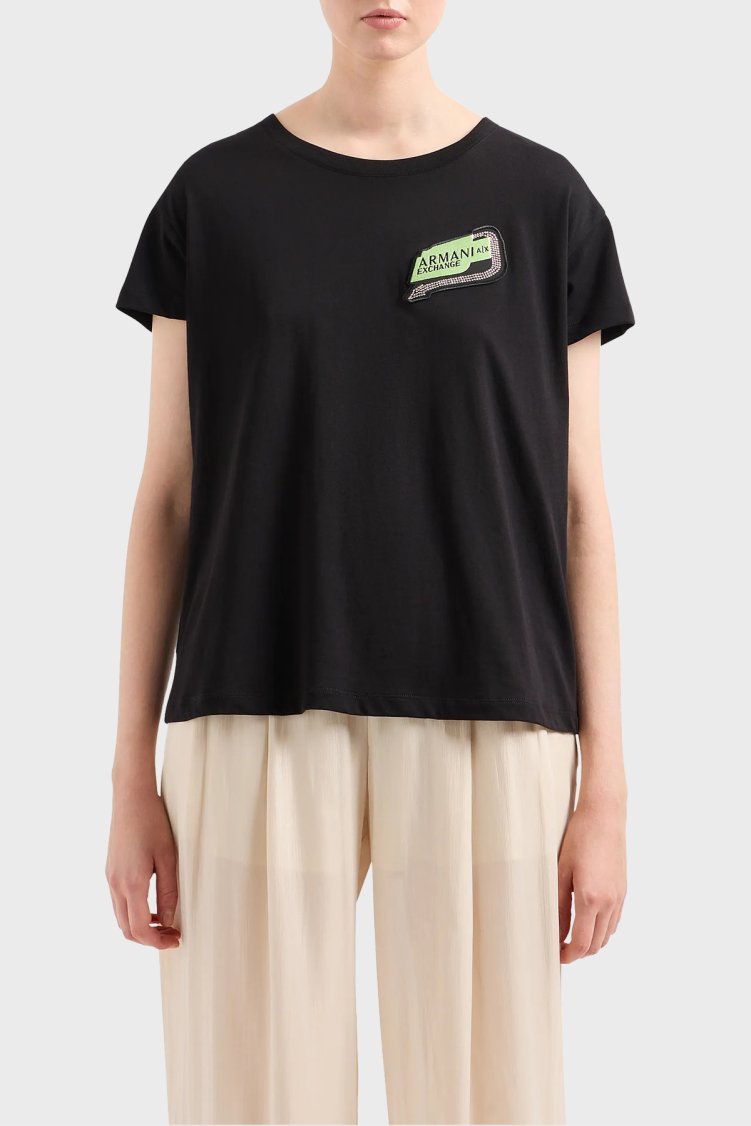 Armani Exchange Pamuklu Relaxed Fit Bisiklet Yaka Kadın T Shirt 3DYT16 YJ3RZ 1200 SİYAH - Armani Exchange