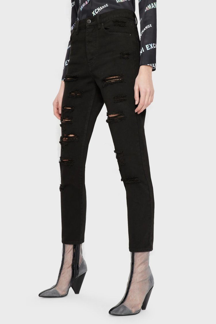 Armani Exchange Pamuklu Yüksel Bel Slim Fit Yırtık Detaylı J51 Jeans Kadın Kot Pantolon 3RYJ51 Y1HRZ 1200 Siyah - Armani Exchange