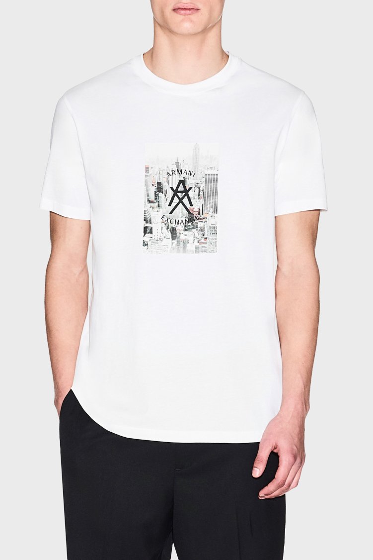 Armani Exchange Printed Cotton Regular Fit Crew Neck Men's T-Shirt XM002214 AF10356 U0009 White - Armani Exchange