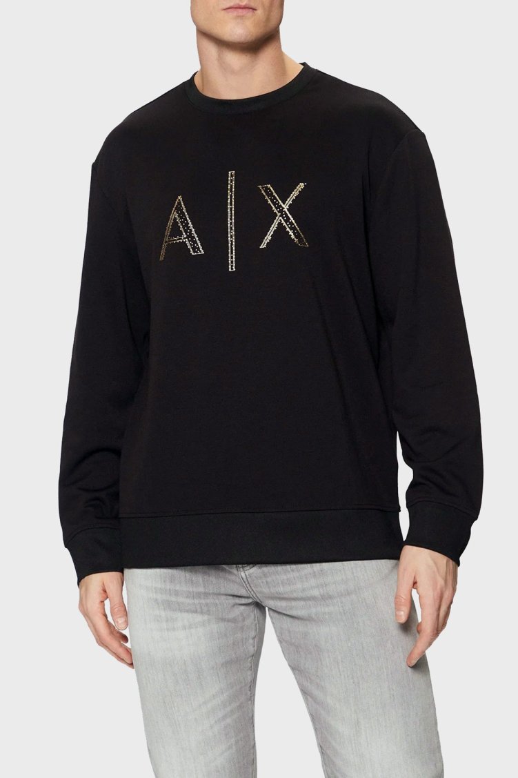Armani Exchange Regular Fit Bisiklet Yaka Taşlı Logolu Erkek Sweat XM000331 AF12269 UC001 SİYAH - Armani Exchange