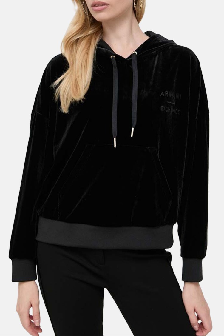 Armani Exchange Regular Fit Kanguru Cepli Kapüşonlu Kadife Kadın Sweat 6RYM45 YJ9WZ 1200 SİYAH - Armani Exchange