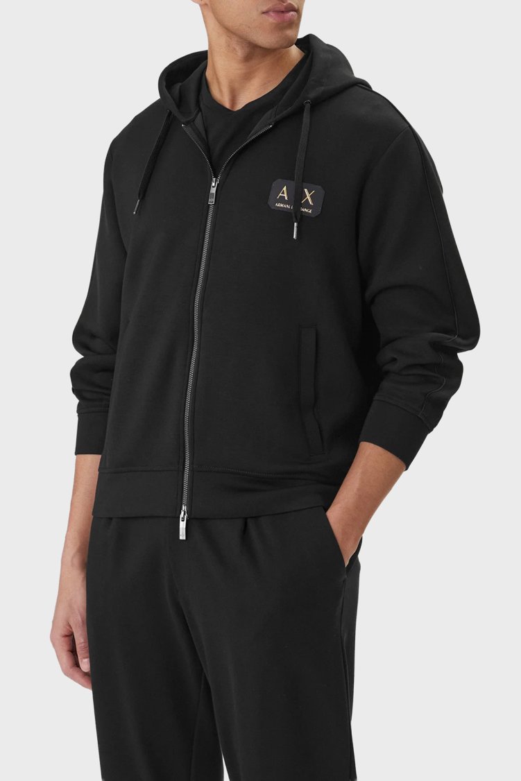 Armani Exchange Regular Fit Logolu Kapüşon Yaka Fermuarlı Erkek Sweat XM001770 AF19936 UC001 SİYAH - Armani Exchange