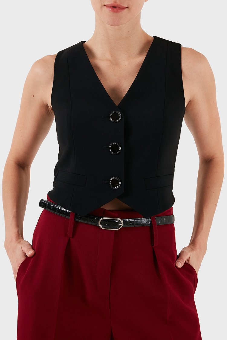 Armani Exchange Regular Fit V Yaka Düğmeli Kadın Yelek XW001279 AF16148 UC001 Siyah - Armani Exchange