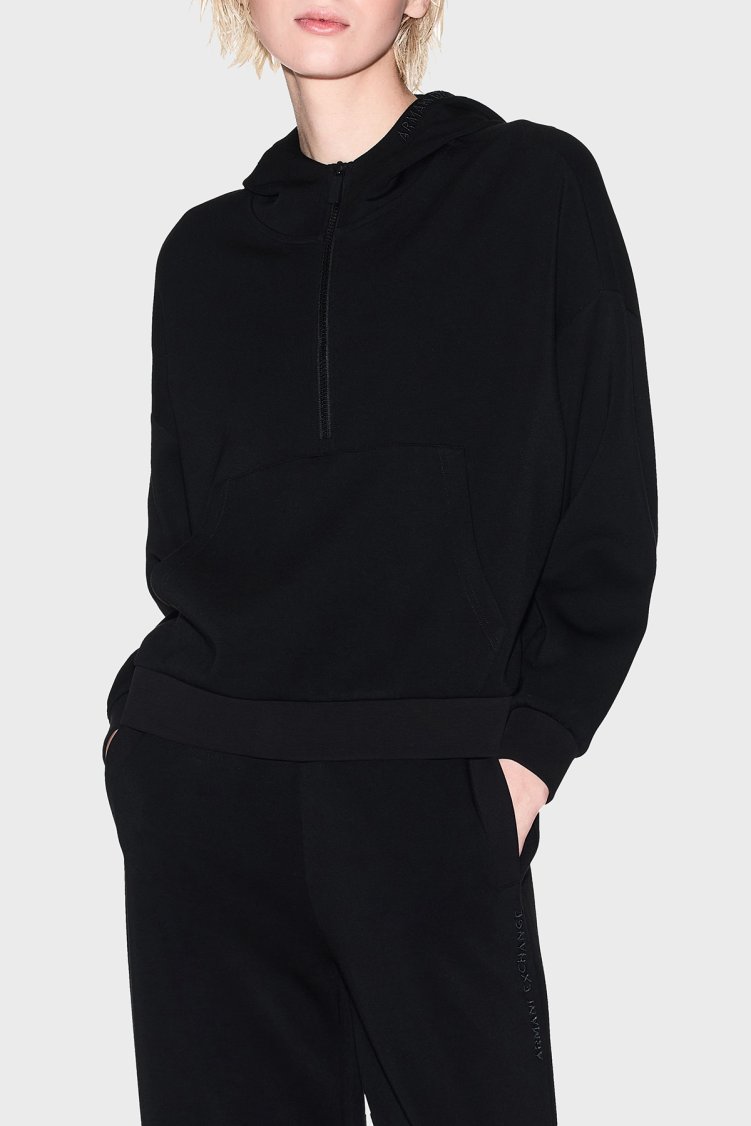 Armani Exchange Relaxed Fit Kapüşonlu Yaka Kanguru Cepli Kadın Sweat XW000980 AF16111 UC001 Siyah - Armani Exchange
