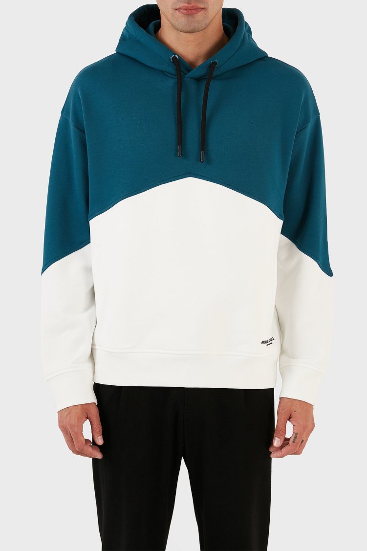 Armani Exchange Renk Bloklu Kapüşonlu % 100 Pamuklu Regular Fit Erkek Sweat 6RZMLB ZJ4XZ 21CN LACİVERT-BEYAZ - Armani Exchange