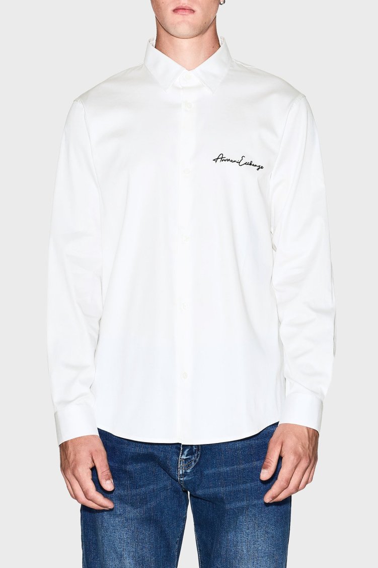Armani Exchange Streç Pamuklu Logo İşlemeli Regular Fit Kent Yaka Erkek Gömlek XM001224 AF10192 U0009 BEYAZ - Armani Exchange