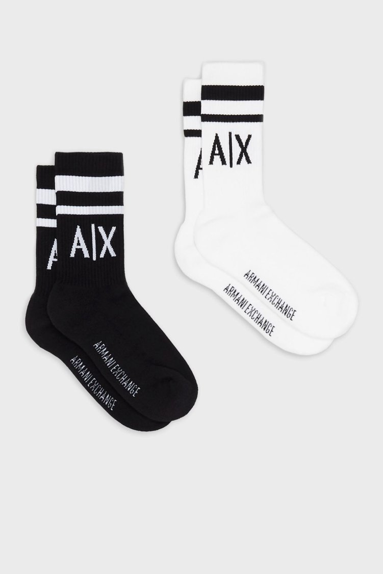 Armani Exchange Streç Pamuklu Logolu ve Şeritli 2 Pack Kadın Çorap 943030 CC650 00121 Siyah-beyaz - Armani Exchange