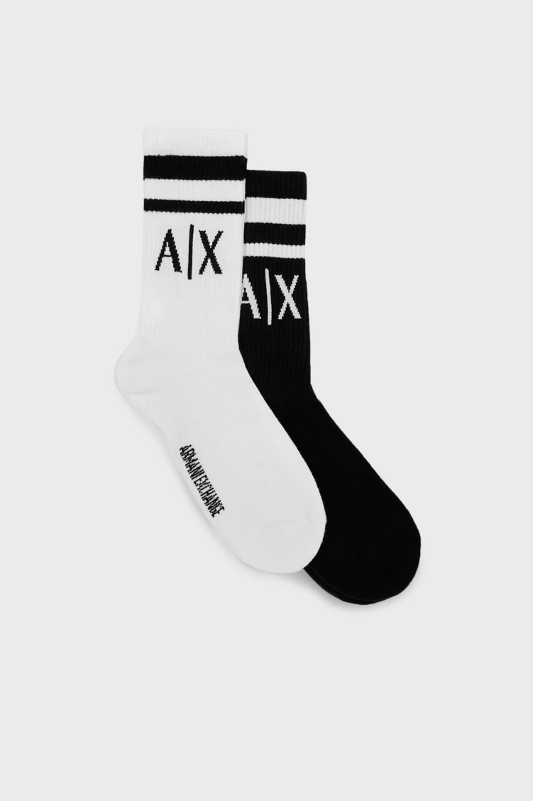 Armani Exchange Streç Pamuklu Logolu ve Şeritli 2 Pack Erkek Çorap 953030 CC650 00121 SİYAH-BEYAZ - Armani Exchange