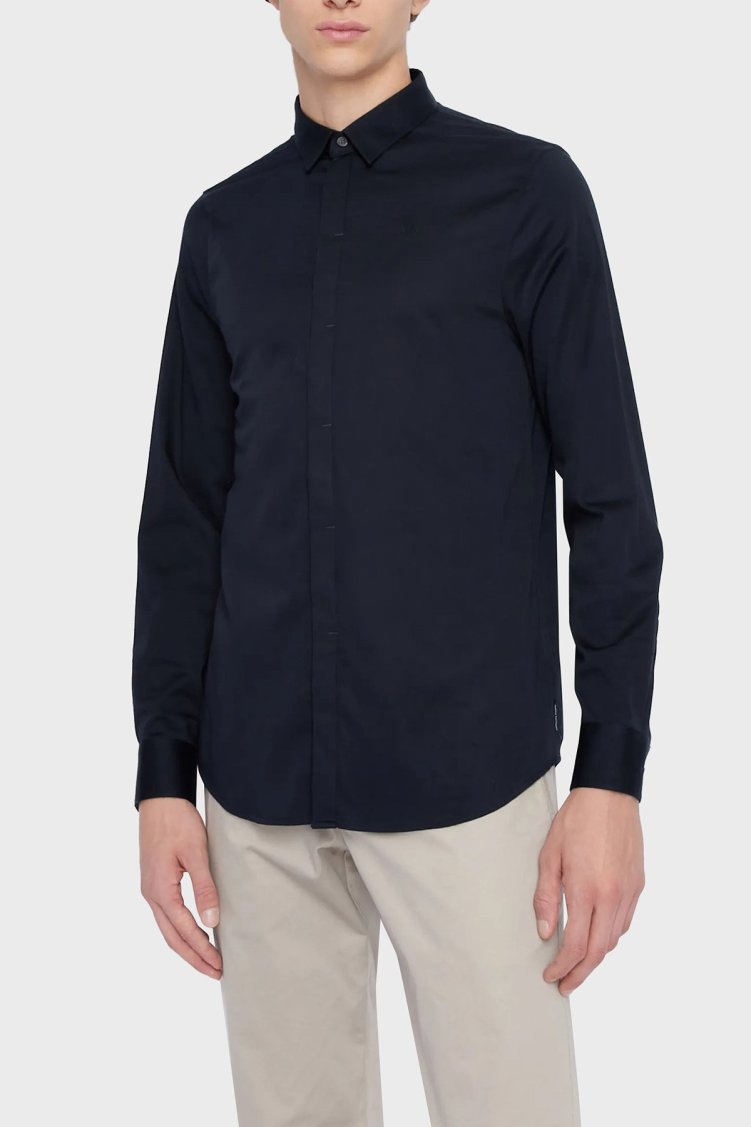 Armani Exchange Streç Pamuklu Slim Fit Erkek Gömlek 8NZCBD ZN10Z 1510 Lacivert - Armani Exchange