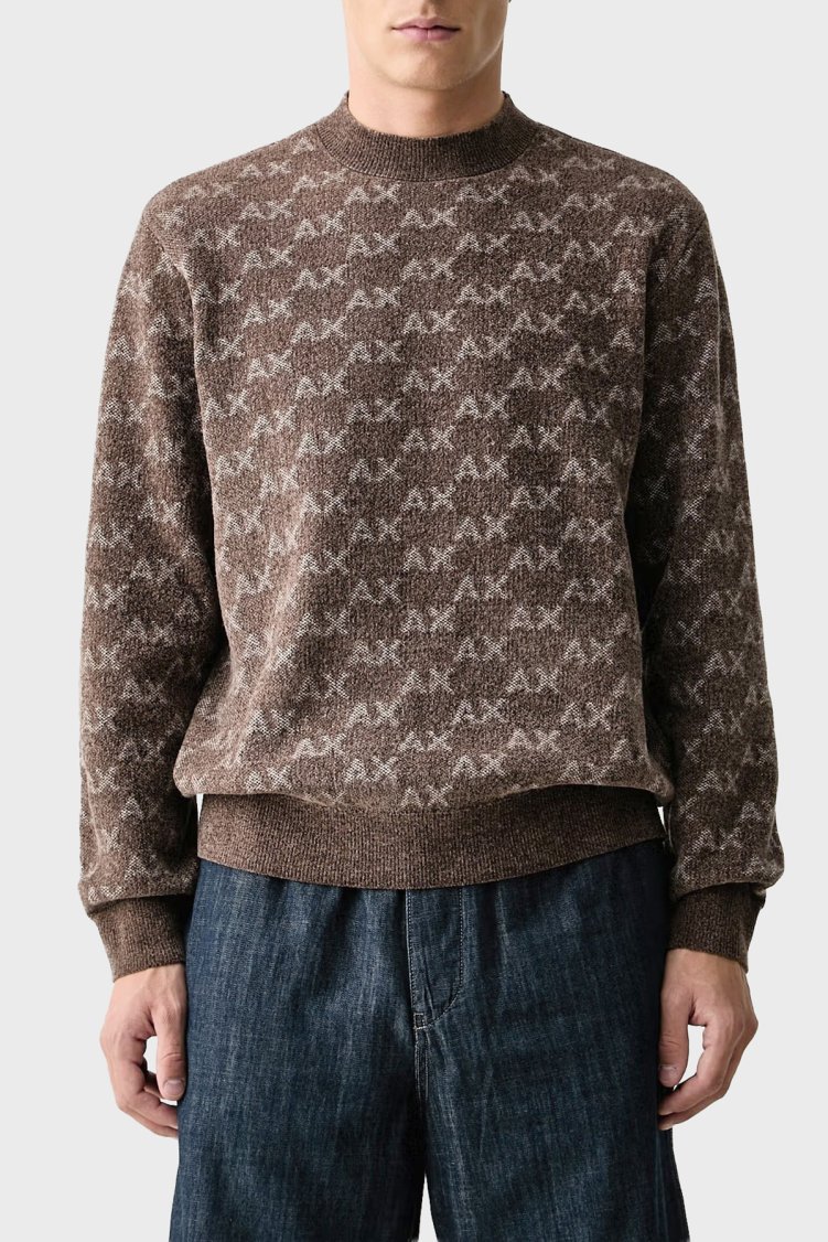 Armani Exchange Tamamı Logolu Regular Fit Bisiklet Yaka Erkek Kazak XM002992 AF16916 F6236 Kahve - Armani Exchange