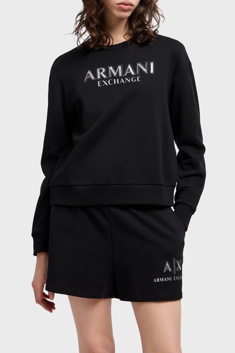 Armani Exchange Taşlı Logo % 100 Pamuk Regular Fit Bayan Sweat XW000159 AF11851 UC001 SİYAH - Armani Exchange