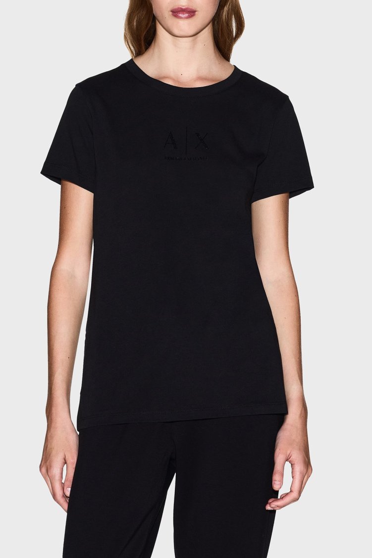 Armani Exchange Taşlı Logo Detaylı Pamuklu Regular Fit Bisiklet Yaka Bayan T Shirt XW001459 AF10356 UC001 SİYAH - Armani Exchange