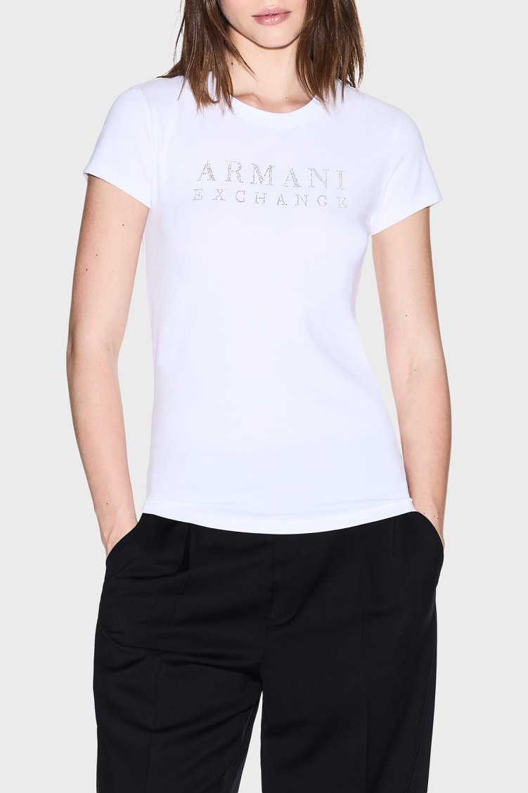 Armani Exchange Taşlı Logolu % 100 Pamuk Slim Fit Bisiklet Yaka Bayan T Shirt XW001349 AF17173 U0002 BEYAZ - Armani Exchange