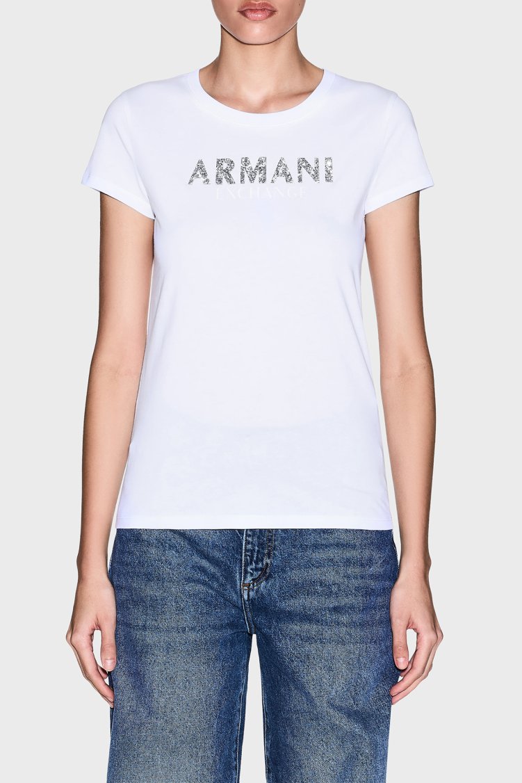 Armani Exchange Taşlı Logolu Pamuklu Slim Fit Bisiklet Yaka Bayan T Shirt XW002106 AF10356 U0002 BEYAZ - Armani Exchange
